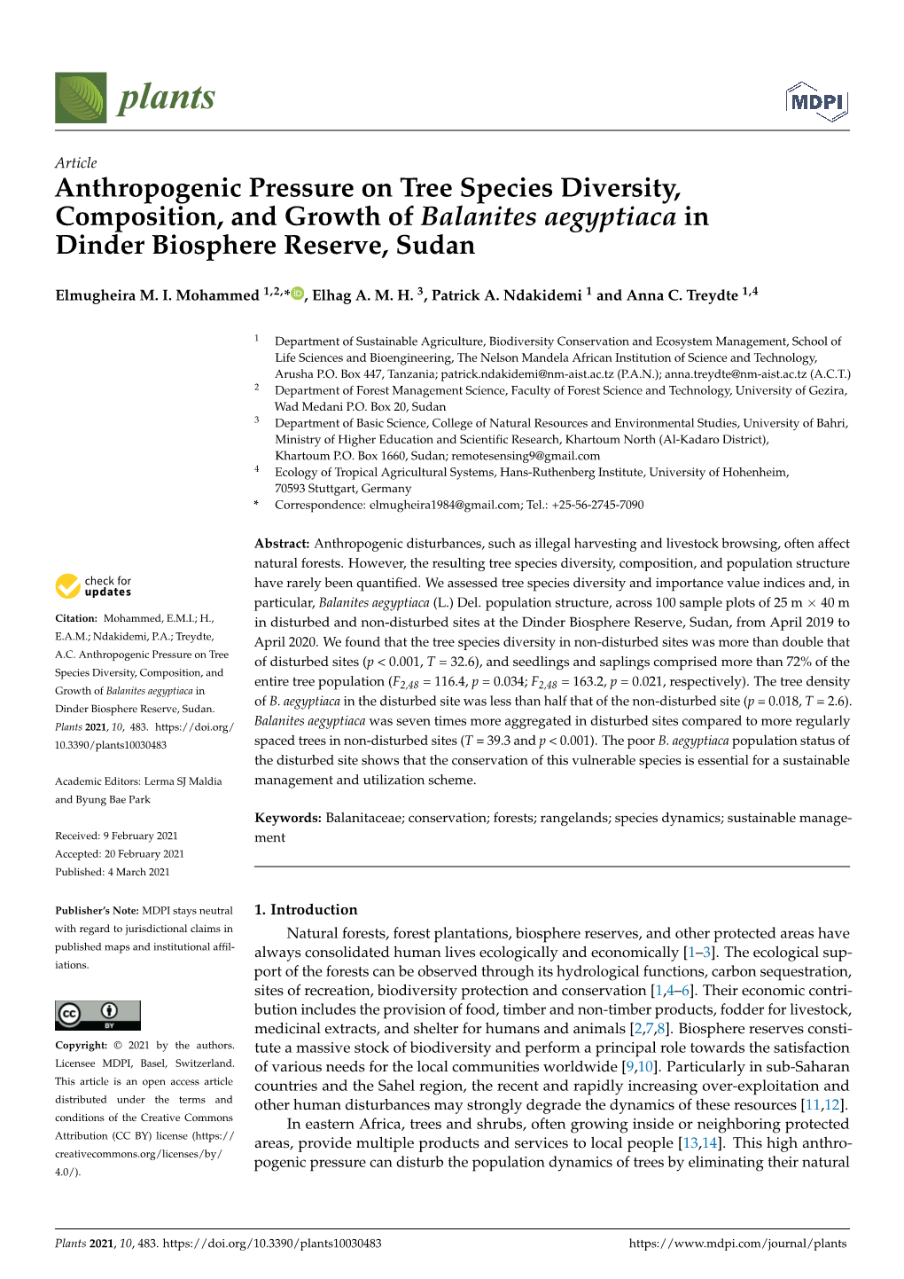 Anthropogenic Pressure on Tree Species Diversity, Composition, and Growth of Balanites Aegyptiaca in Dinder Biosphere Reserve, Sudan