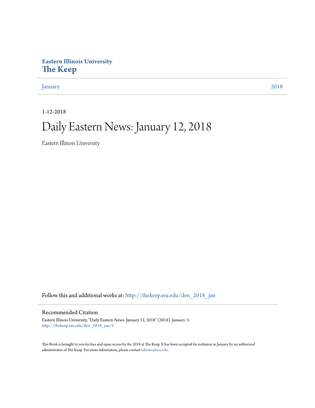 Daily Eastern News: January 12, 2018 Eastern Illinois University