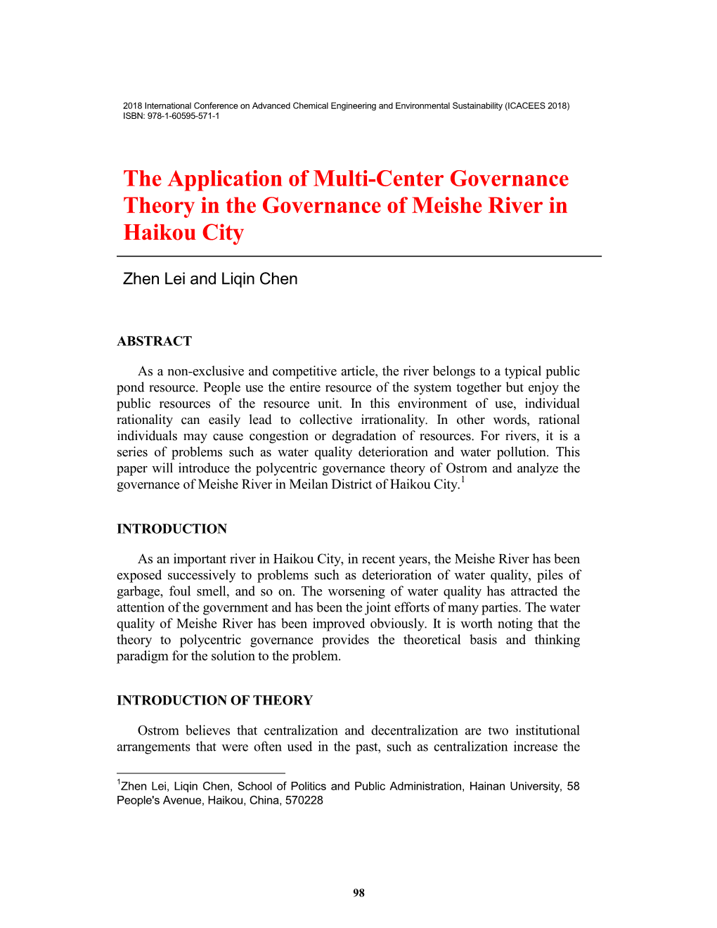 The Application of Multi-Center Governance Theory in the Governance of Meishe River In