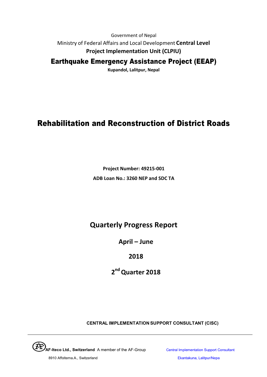 Rehabilitation and Reconstruction of District Roads Quarterly Progress