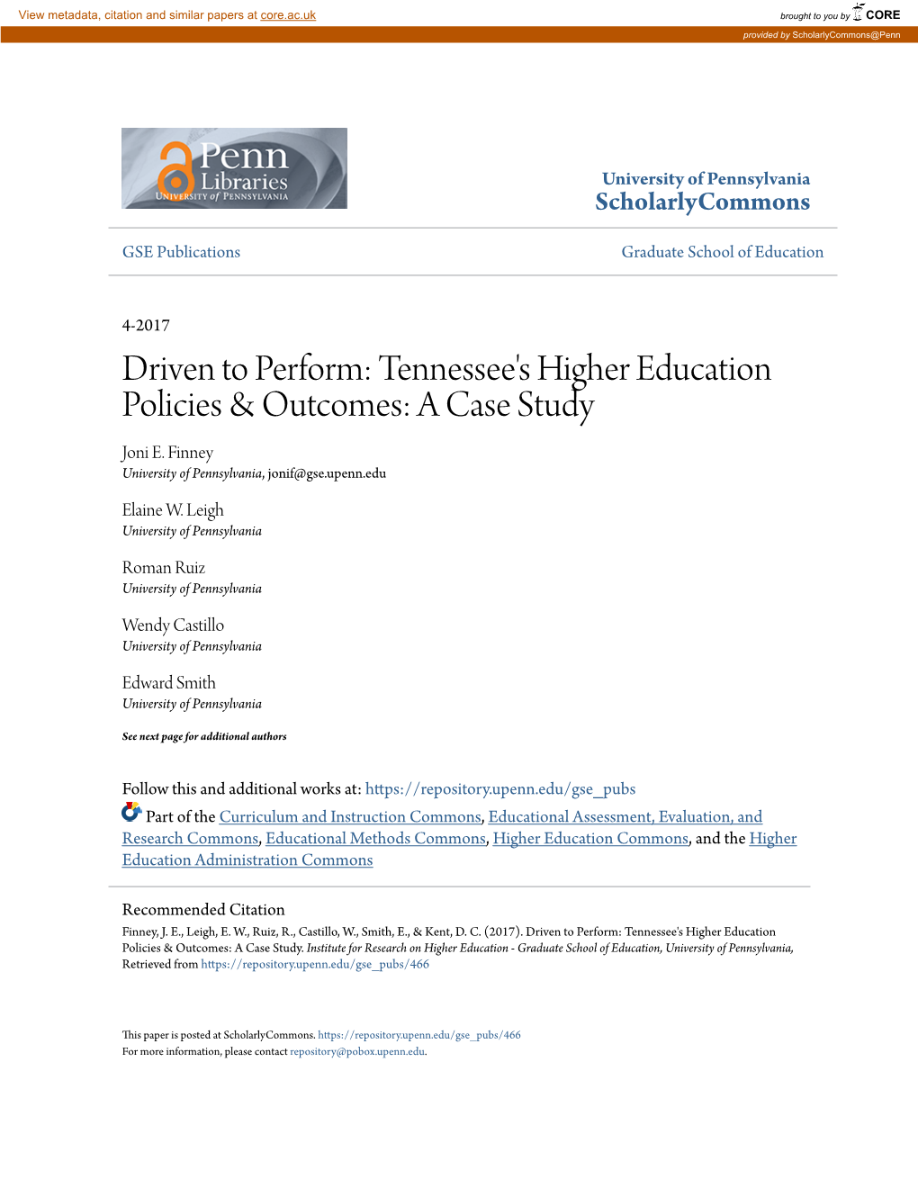 Tennessee's Higher Education Policies & Outcomes