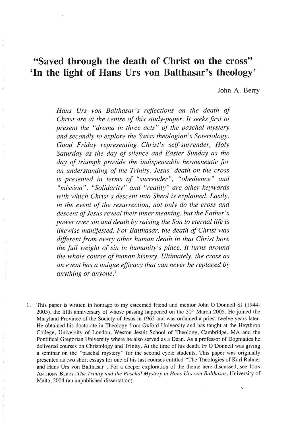 In the Light of Hans Urs Von Balthasar's Theology'