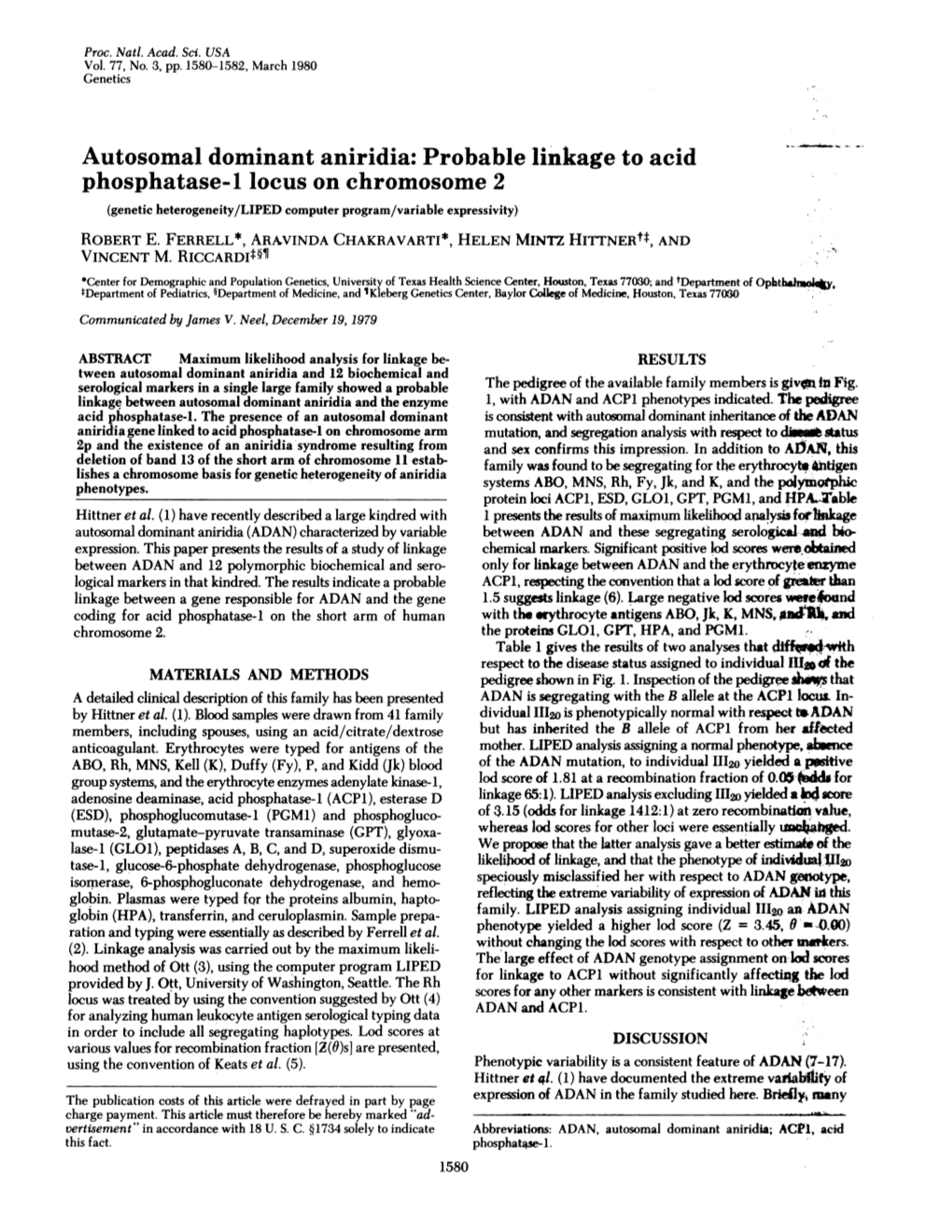 Autosomal Dominant Aniridia: Probable Linkage to Acid