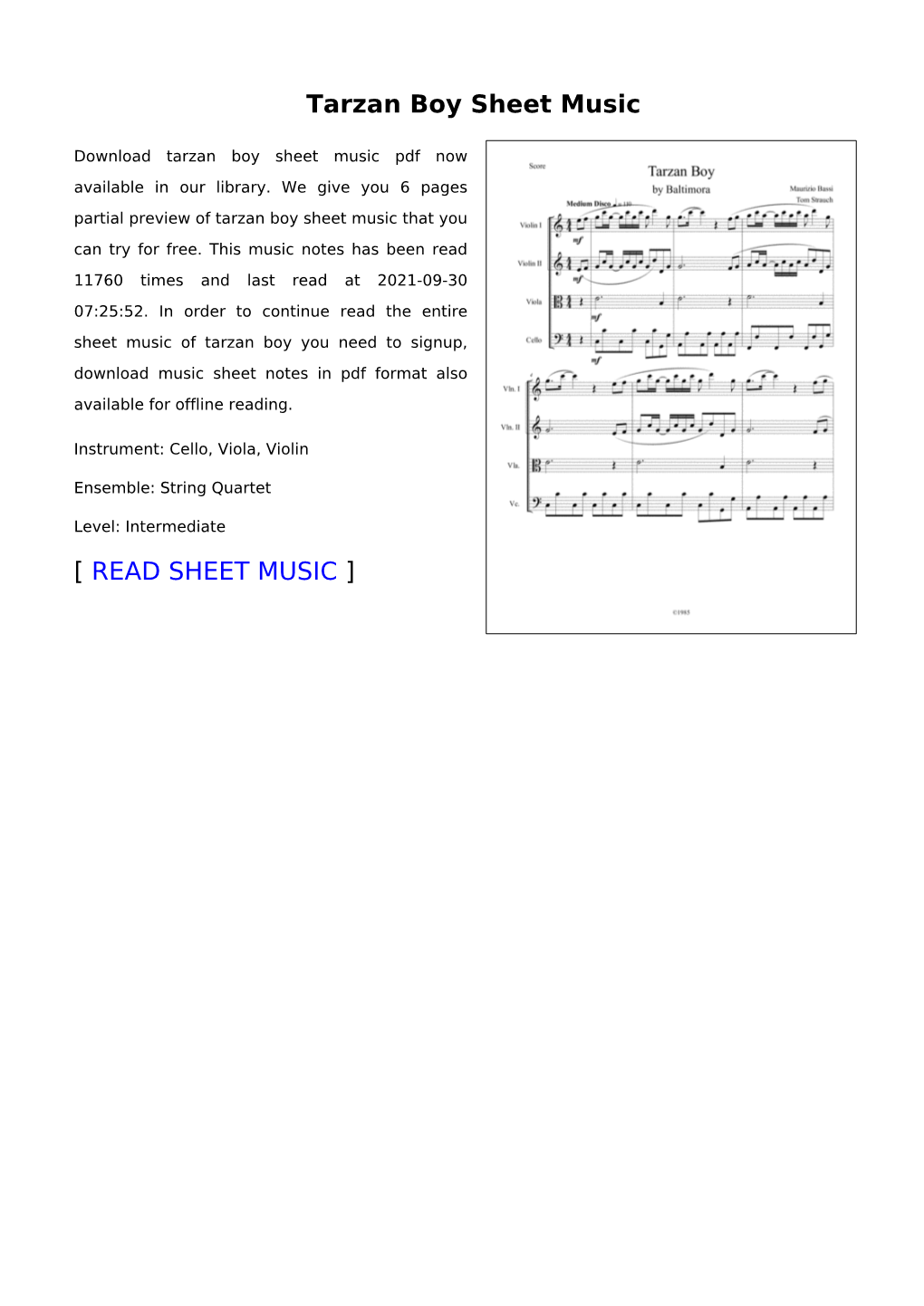 Tarzan Boy Sheet Music