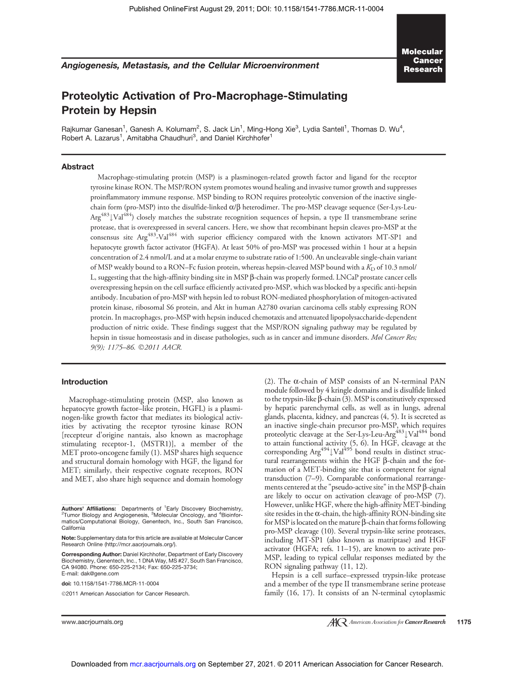 Proteolytic Activation of Pro-Macrophage-Stimulating Protein by Hepsin