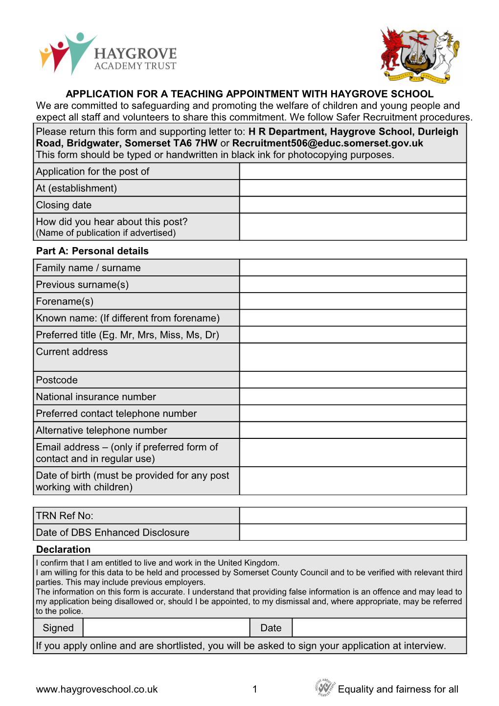 Appendix 5 - Teacher Application Form