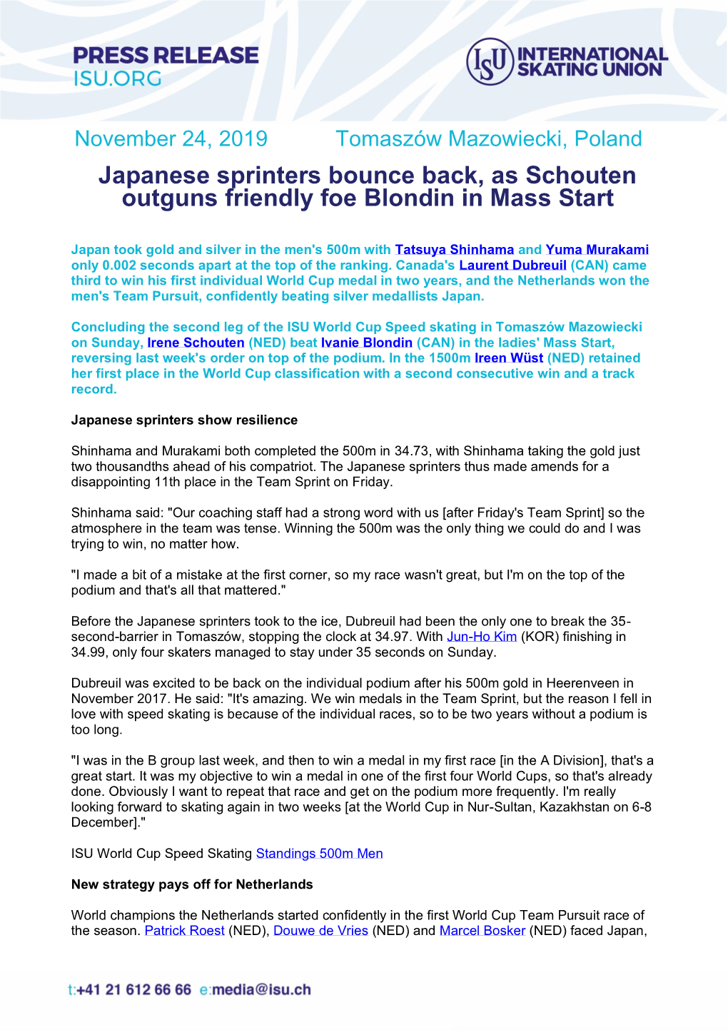 Japanese Sprinters Bounce Back, As Schouten Outguns Friendly Foe Blondin in Mass Start