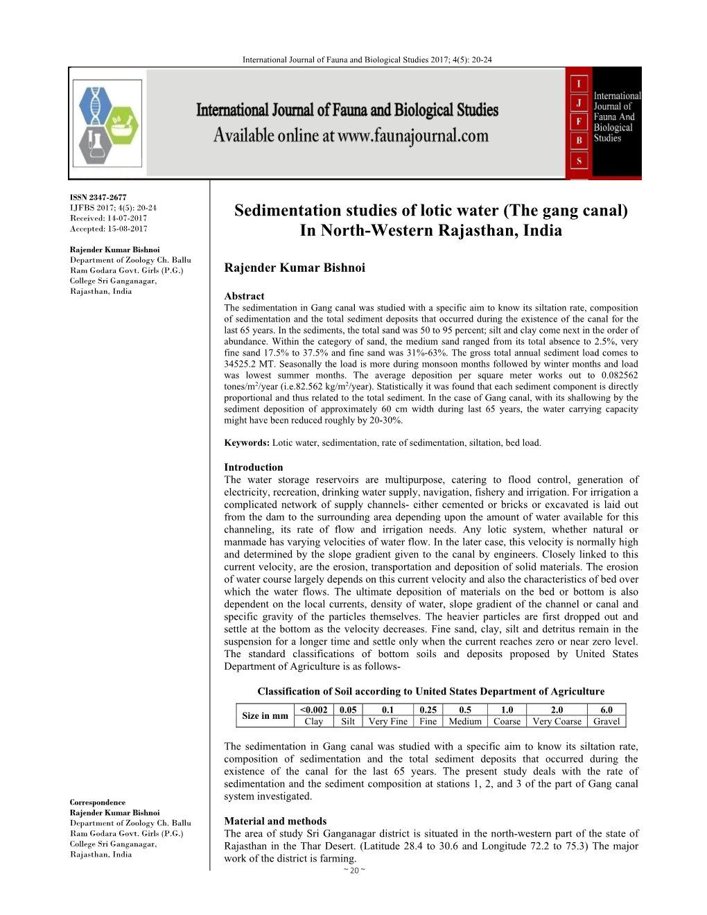 Sedimentation Studies of Lotic Water (The Gang Canal) Accepted: 15-08-2017 in North-Western Rajasthan, India