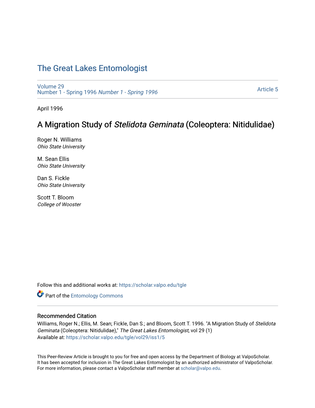 A Migration Study of Stelidota Geminata (Coleoptera: Nitidulidae)