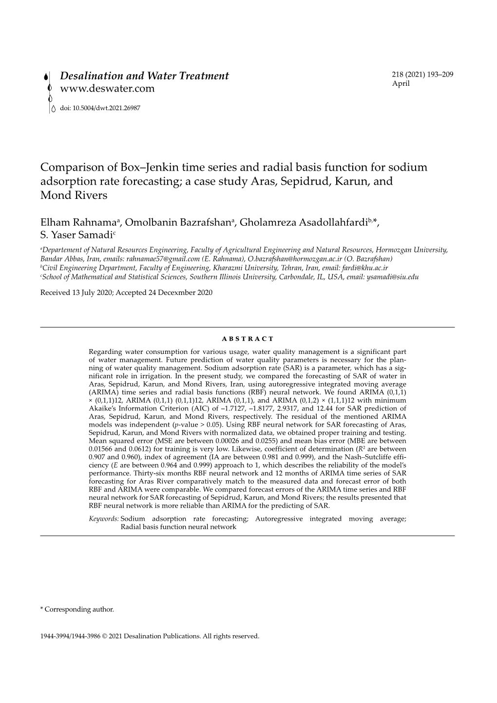 Comparison of Box–Jenkin Time Series and Radial Basis Function for Sodium Adsorption Rate Forecasting; a Case Study Aras, Sepidrud, Karun, and Mond Rivers