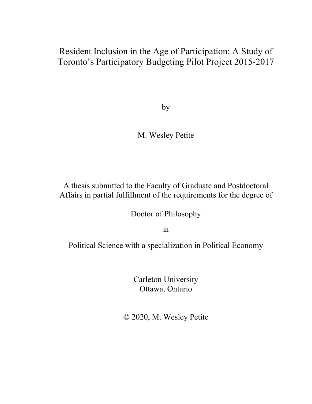 Resident Inclusion in the Age of Participation: a Study of Toronto's