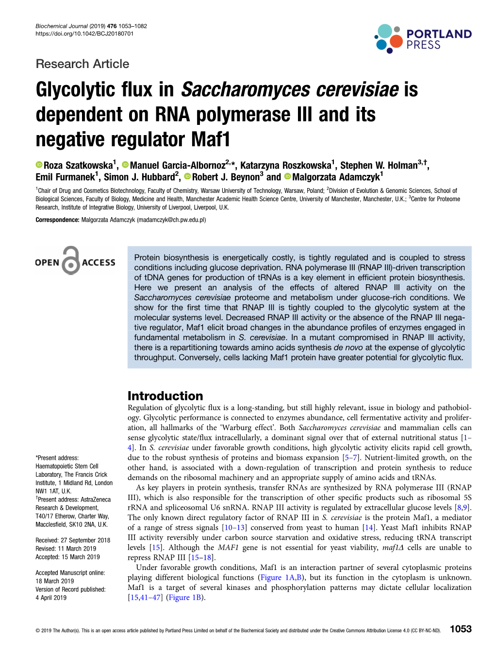 Glycolytic Flux in Saccharomyces Cerevisiae Is Dependent on RNA Polymerase III and Its Negative Regulator Maf1