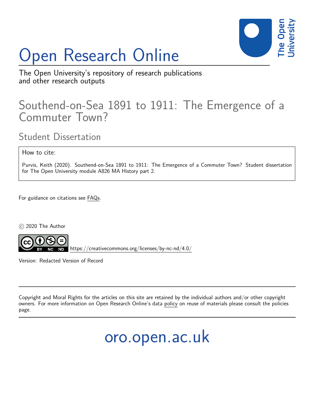 Southend-On-Sea 1891 to 1911: the Emergence of a Commuter Town? Student Dissertation