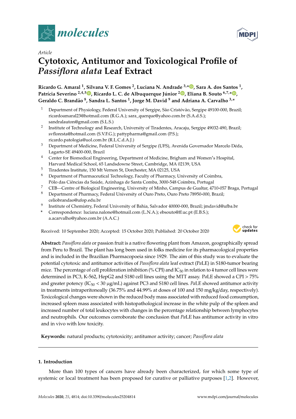 Cytotoxic, Antitumor and Toxicological Profile of Passiflora Alata Leaf Extract