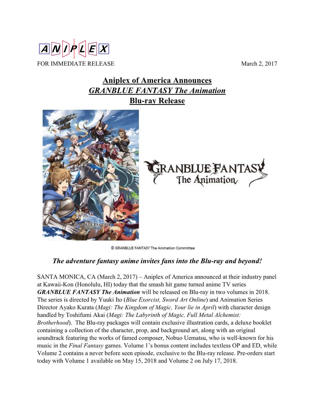 Aniplex of America Announces GRANBLUE FANTASY the Animation Blu-Ray Release