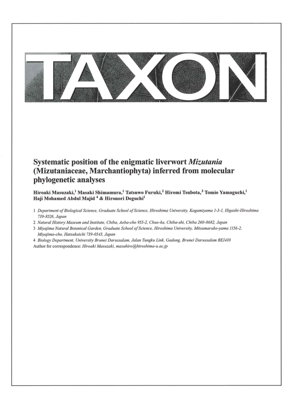 (Mizutaniaceae, Marchantiophyta) Inferred from Molecular Phylogenetic Analyses