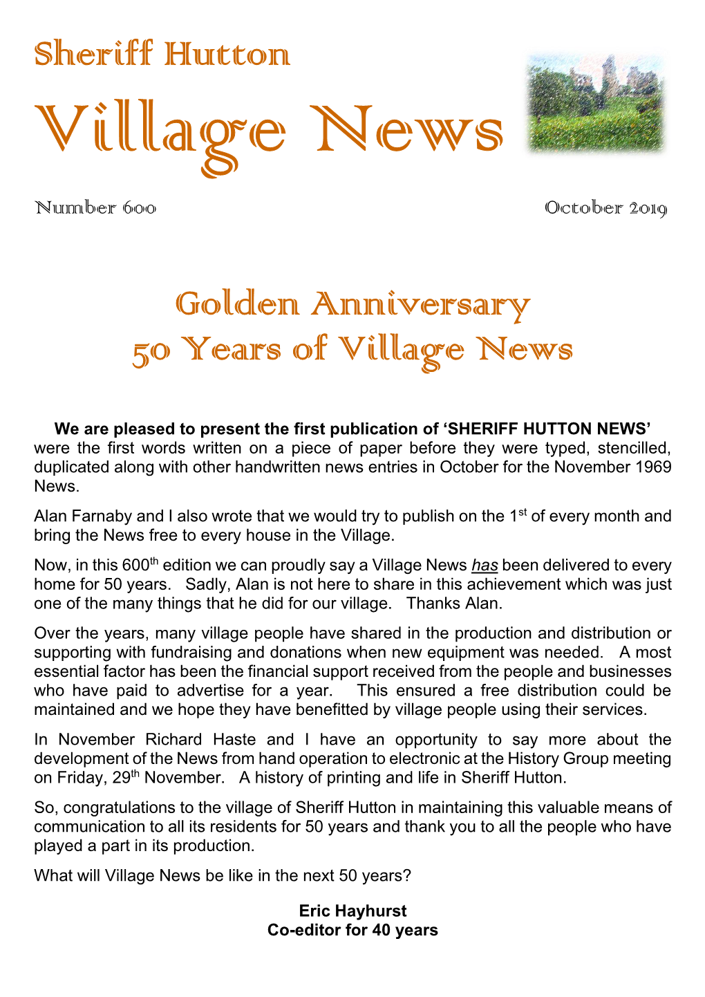 Sheriff Hutton Golden Anniversary 50 Years of Village News