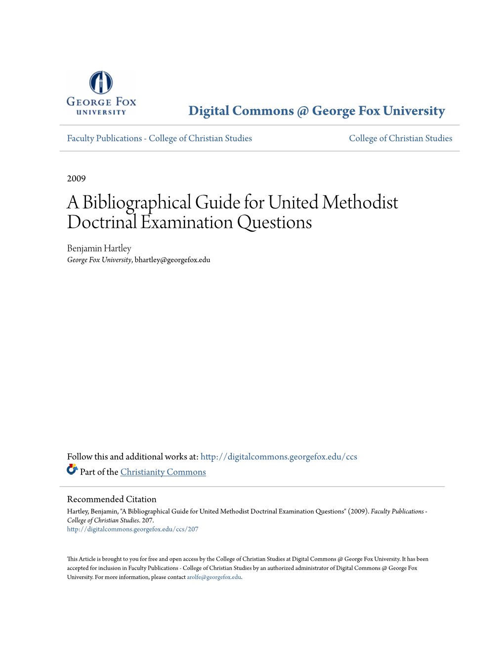 A Bibliographical Guide for United Methodist Doctrinal Examination Questions Benjamin Hartley George Fox University, Bhartley@Georgefox.Edu