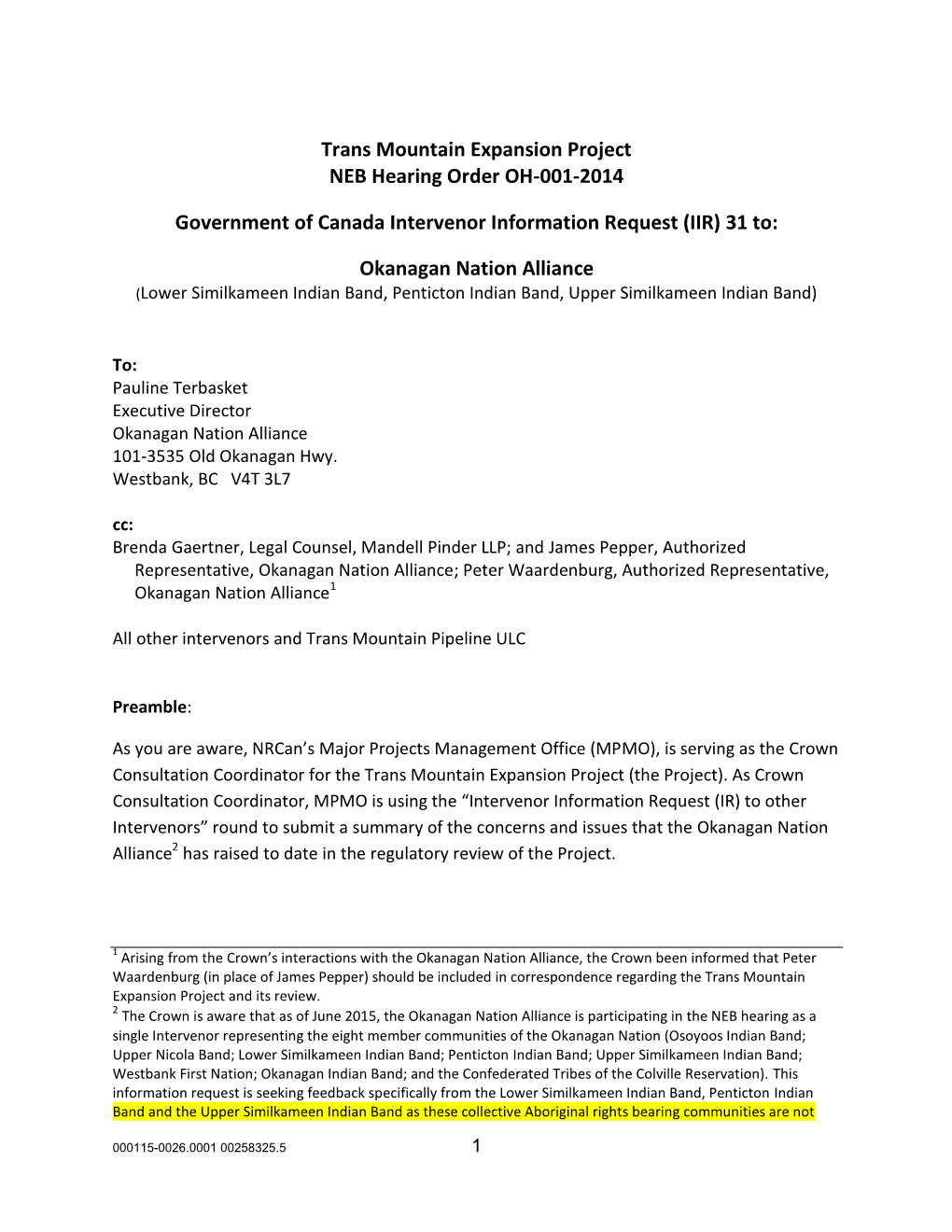 Trans Mountain Expansion Project NEB Hearing Order OH-001-2014