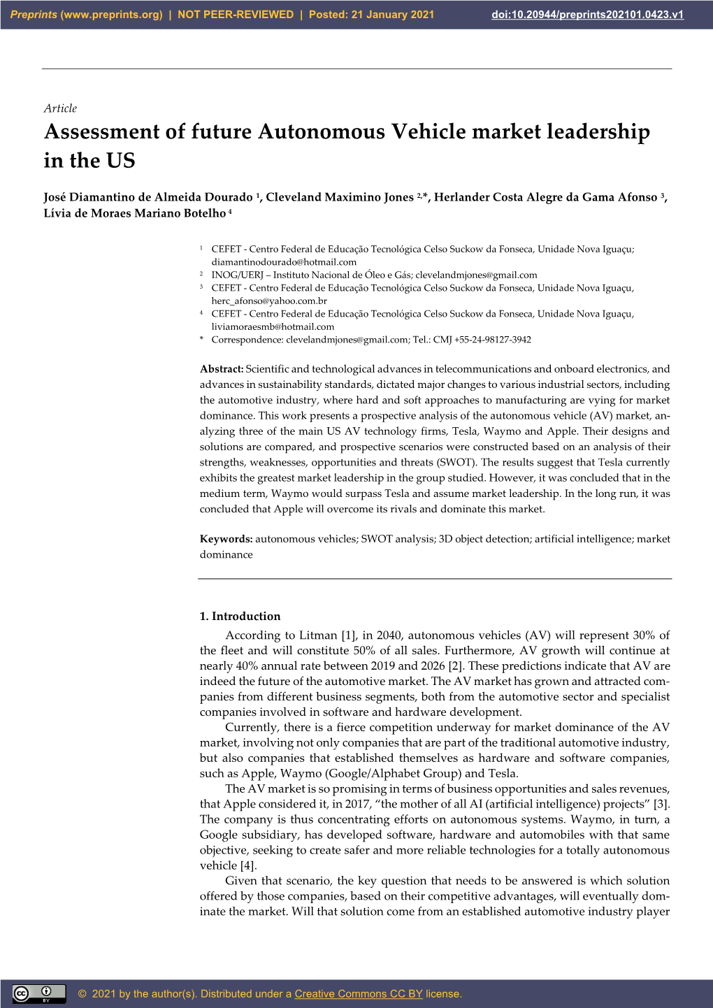 Assessment of Future Autonomous Vehicle Market Leadership in the US