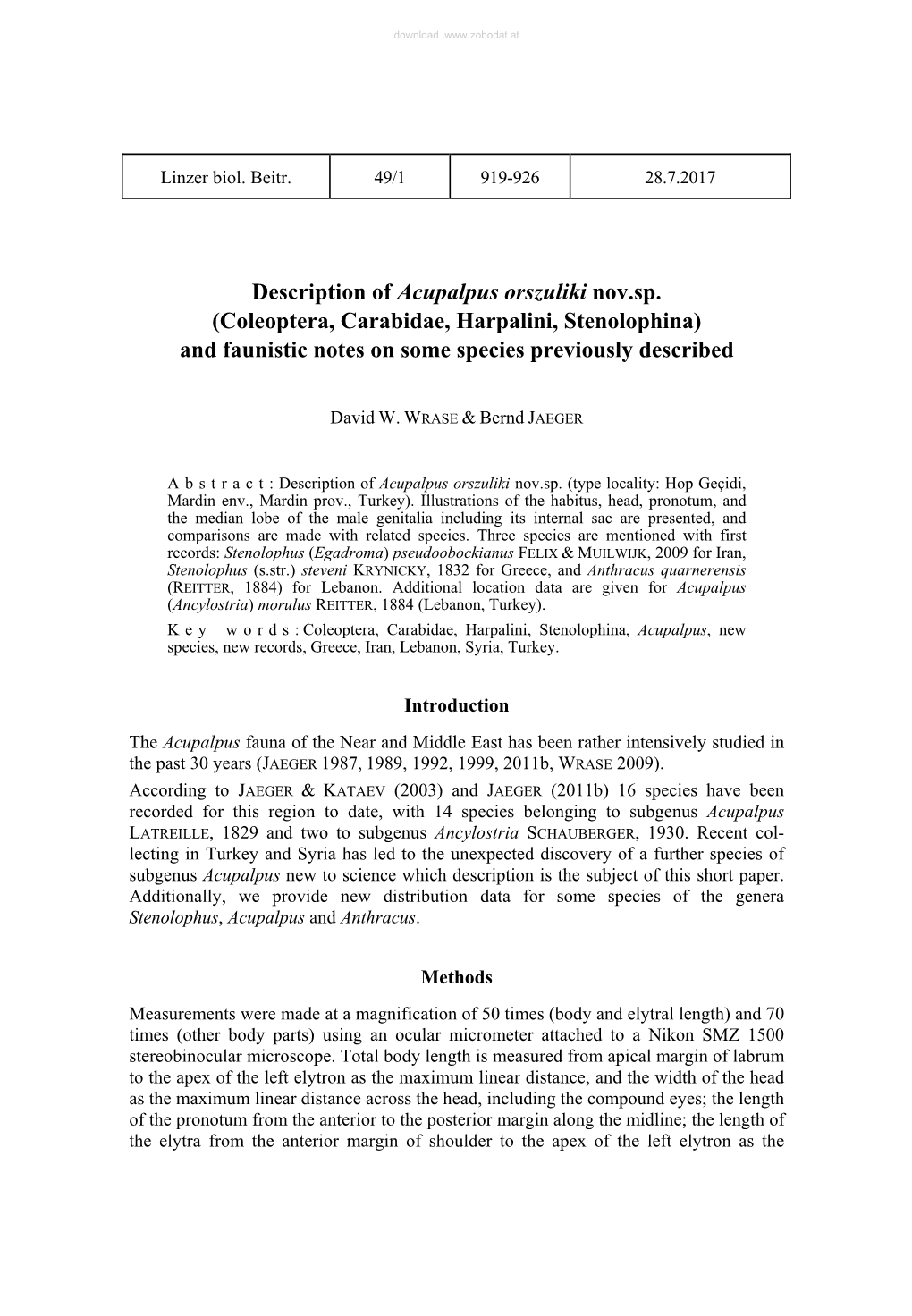 Description of Acupalpus Orszuliki Nov.Sp. (Coleoptera, Carabidae, Harpalini, Stenolophina) and Faunistic Notes on Some Species Previously Described