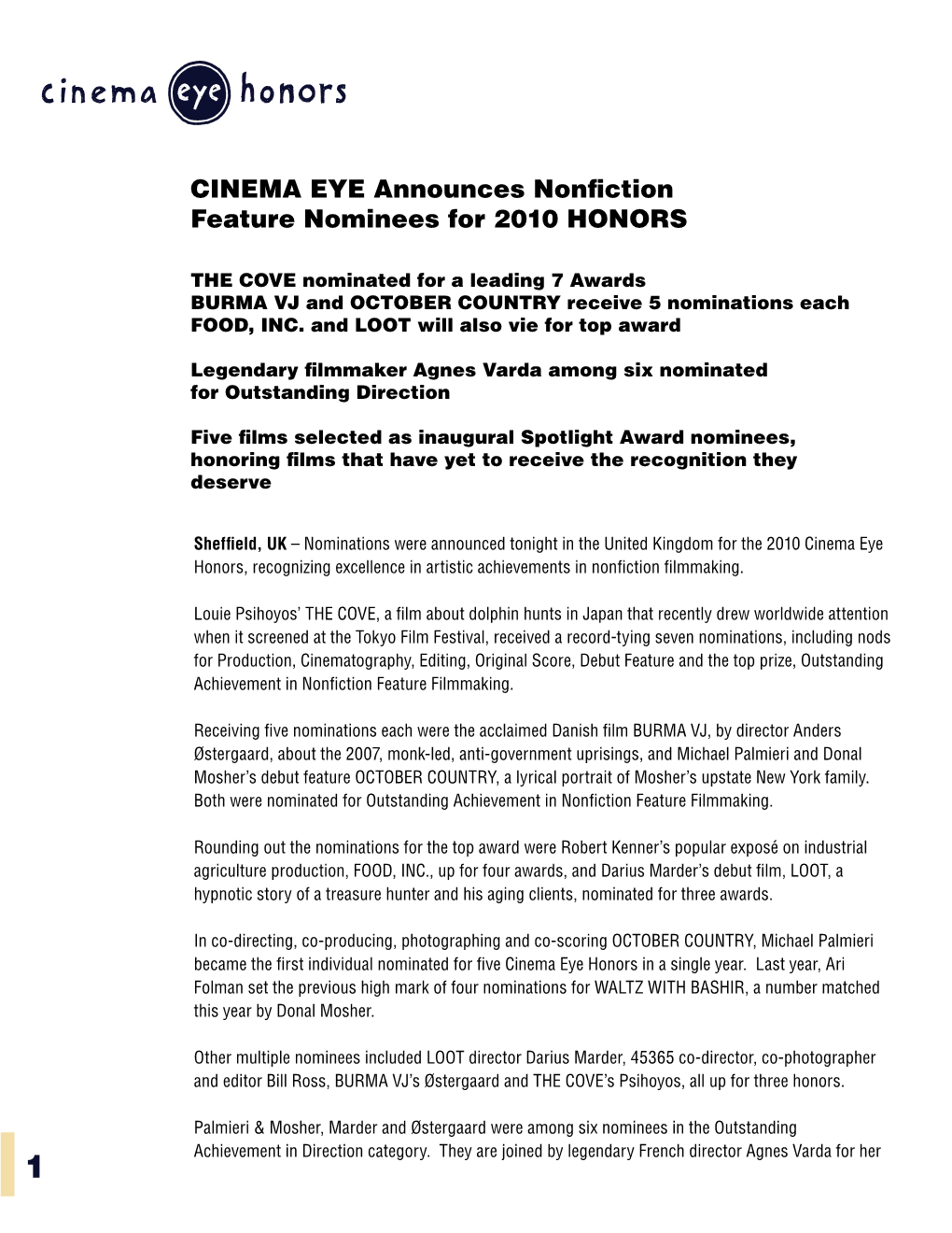 CINEMA EYE Announces Nonfiction Feature Nominees for 2010 HONORS