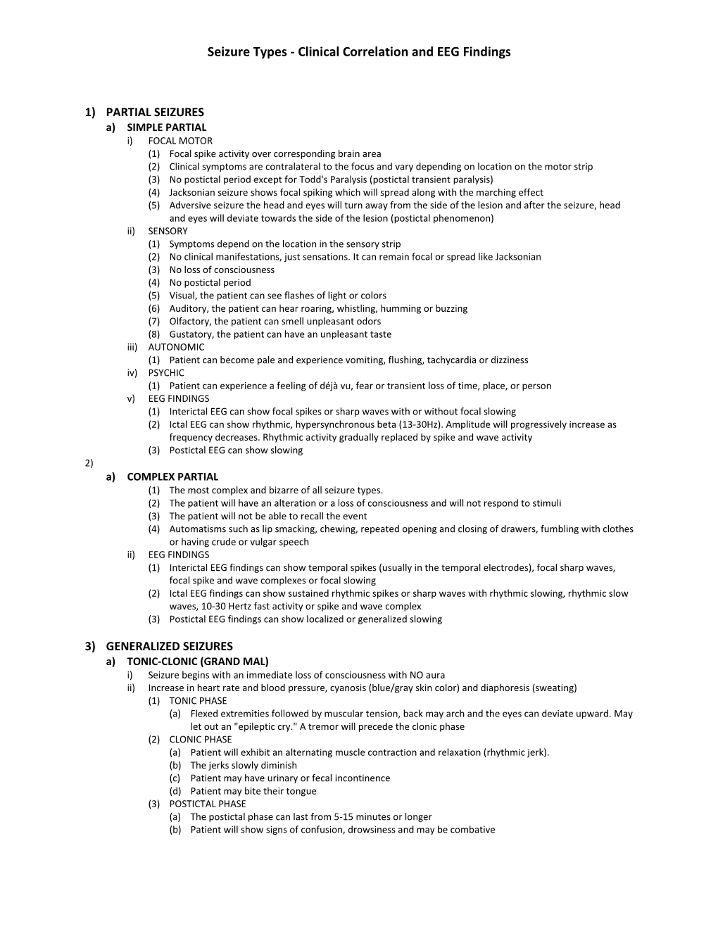 Seizure Types - Clinical Correlation and EEG Findings