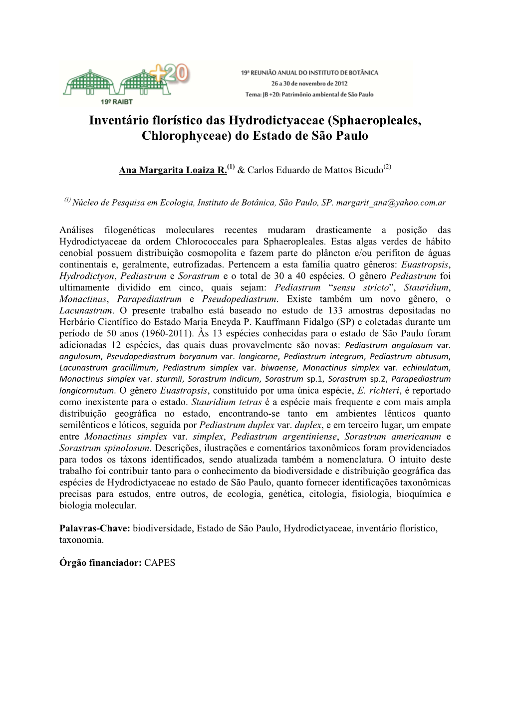 Inventário Florístico Das Hydrodictyaceae (Sphaeropleales, Chlorophyceae) Do Estado De São Paulo