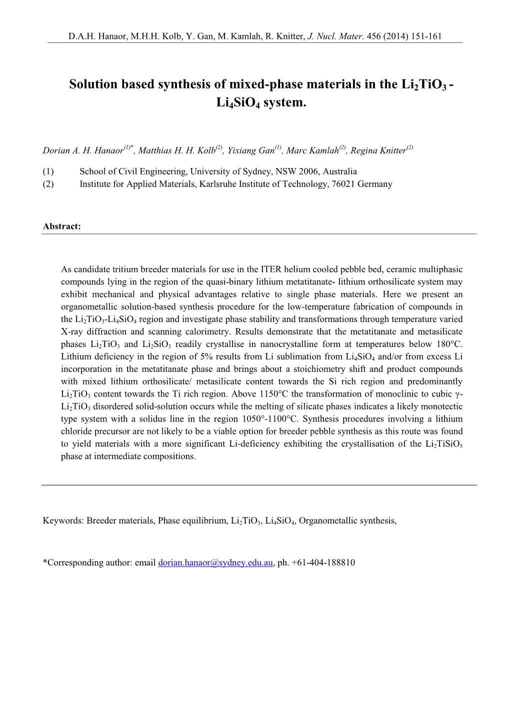 Solution Based Synthesis of Mixed-Phase Materials in the Li2tio3 - Li4sio4 System