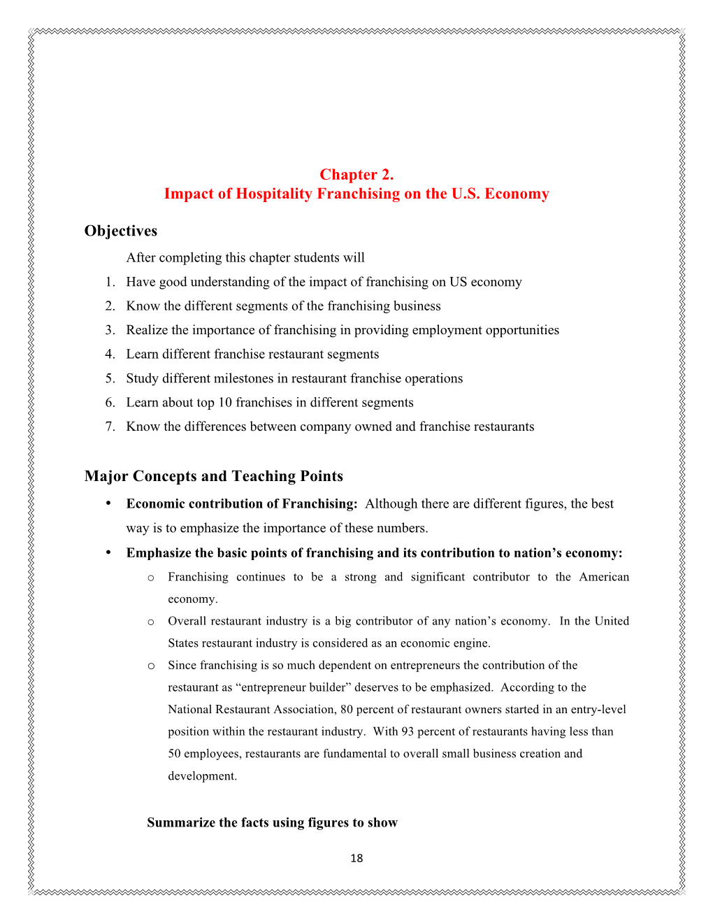 Chapter 2. Impact of Hospitality Franchising on the U.S. Economy Objectives Major Concepts and Teaching Points