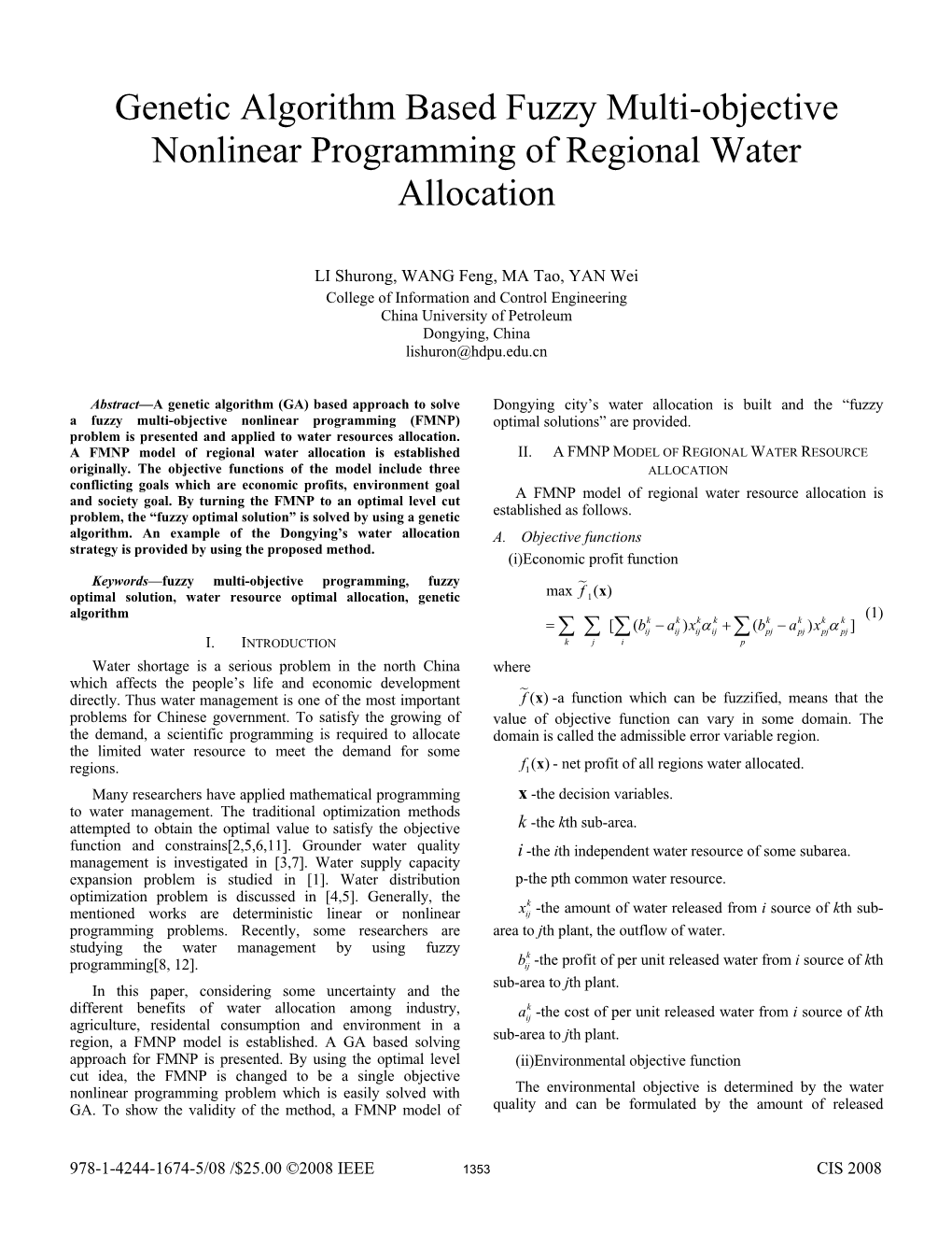 Genetic Algorithm Based Fuzzy Multi-Objective Nonlinear Programming of Regional Water Allocation