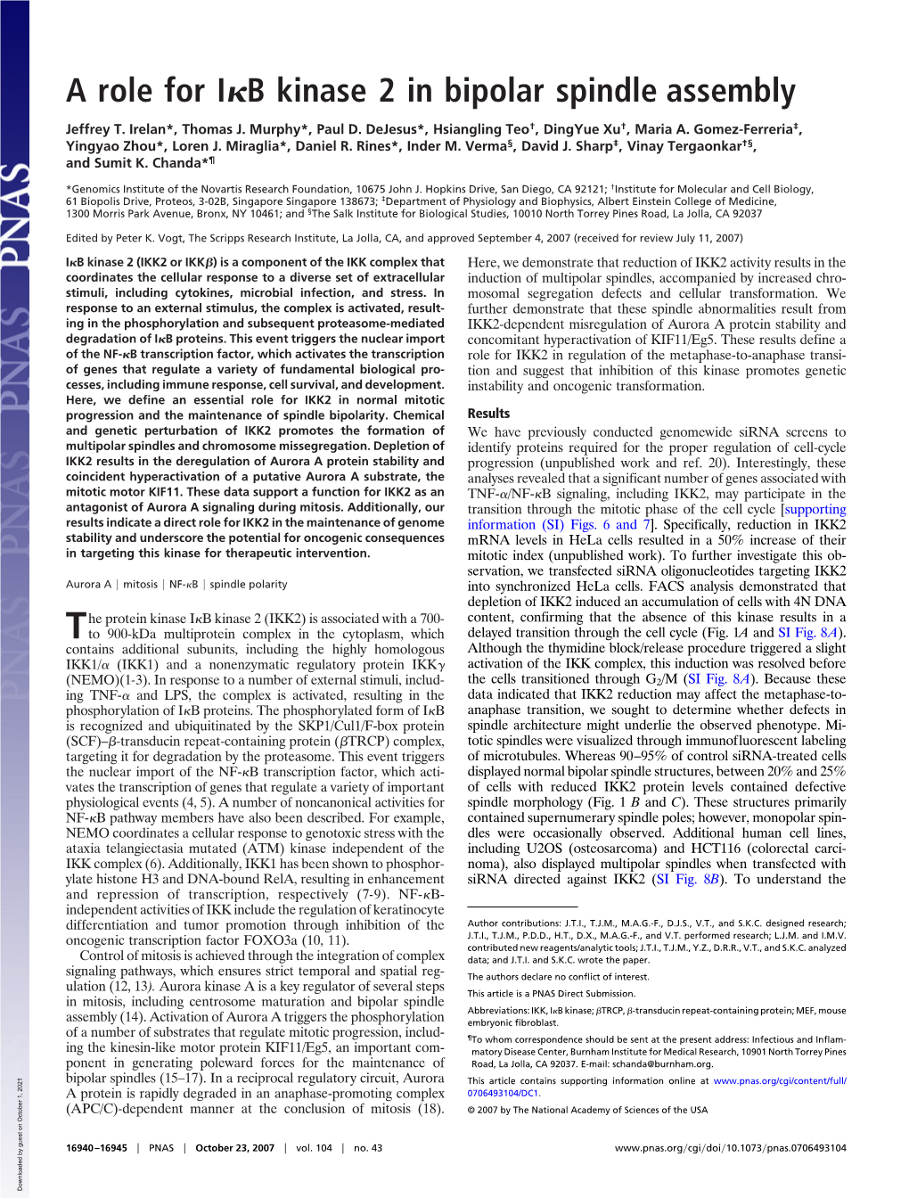 A Role for I B Kinase 2 in Bipolar Spindle Assembly