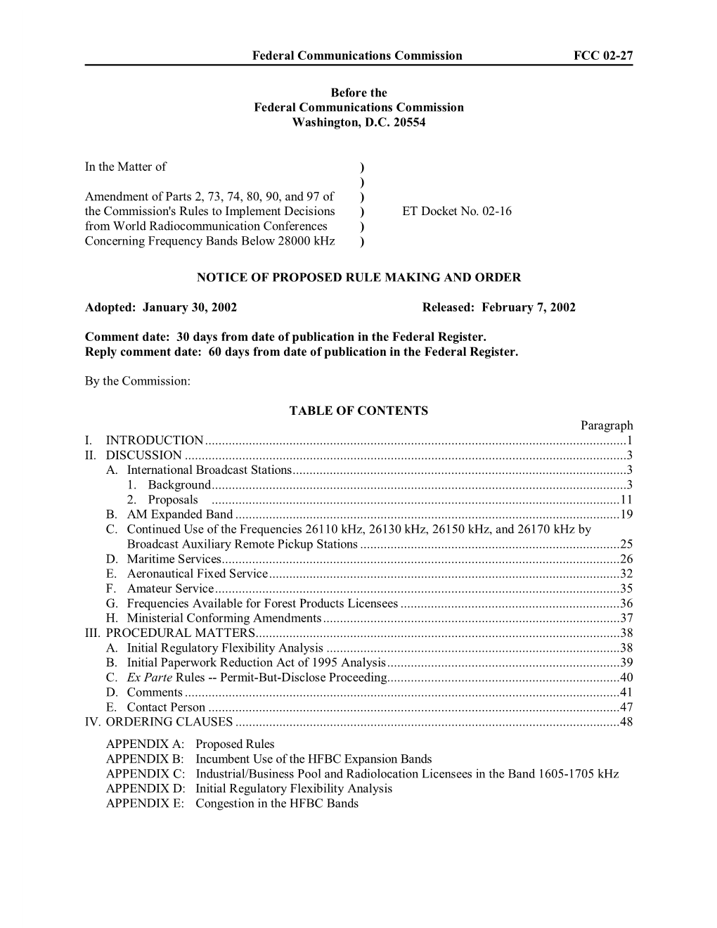 Federal Communications Commission FCC 02-27 Before the Federal