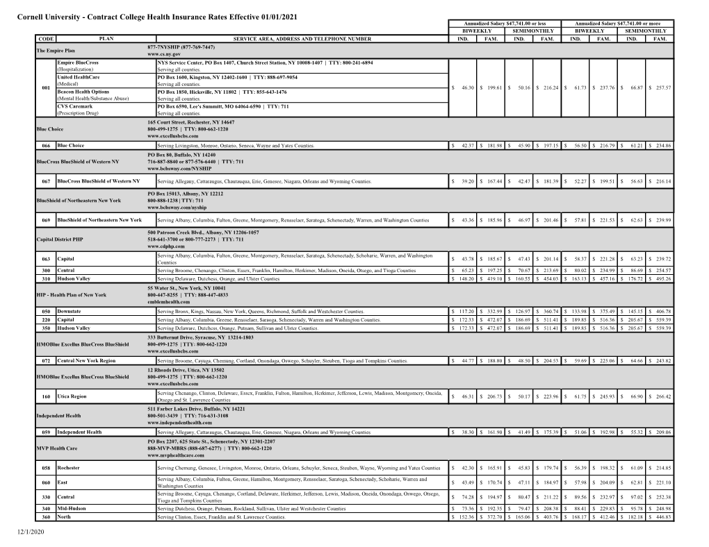 Contract College Health Insurance Rates Effective 01/01/2021