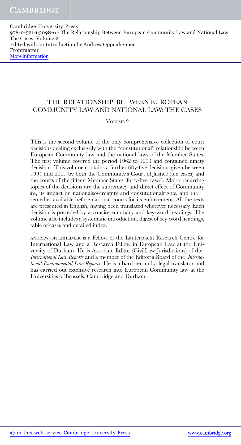 The Relationship Between European Community Law and National Law: the Cases: Volume 2 Edited with an Introduction by Andrew Oppenheimer Frontmatter More Information