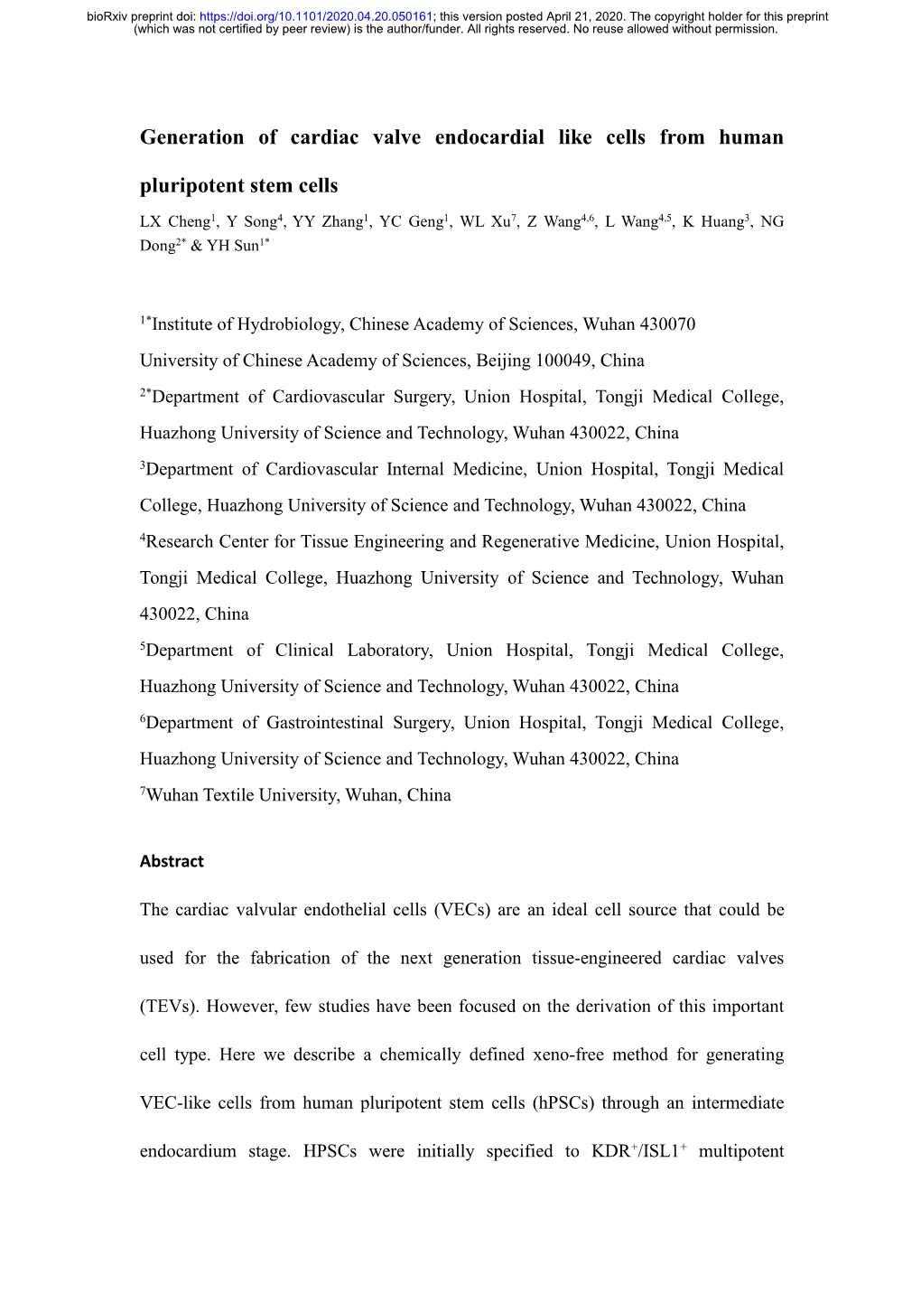 Generation of Cardiac Valve Endocardial Like Cells from Human Pluripotent Stem Cells