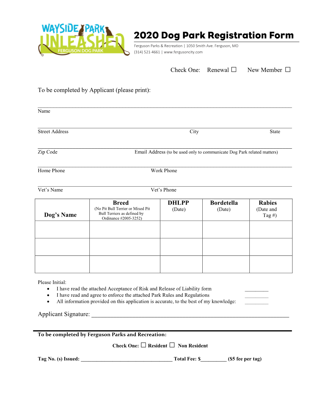 2020 Dog Park Registration Form Ferguson Parks & Recreation | 1050 Smith Ave