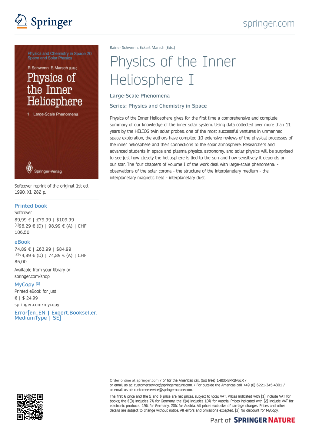 Physics of the Inner Heliosphere I Large-Scale Phenomena Series: Physics and Chemistry in Space