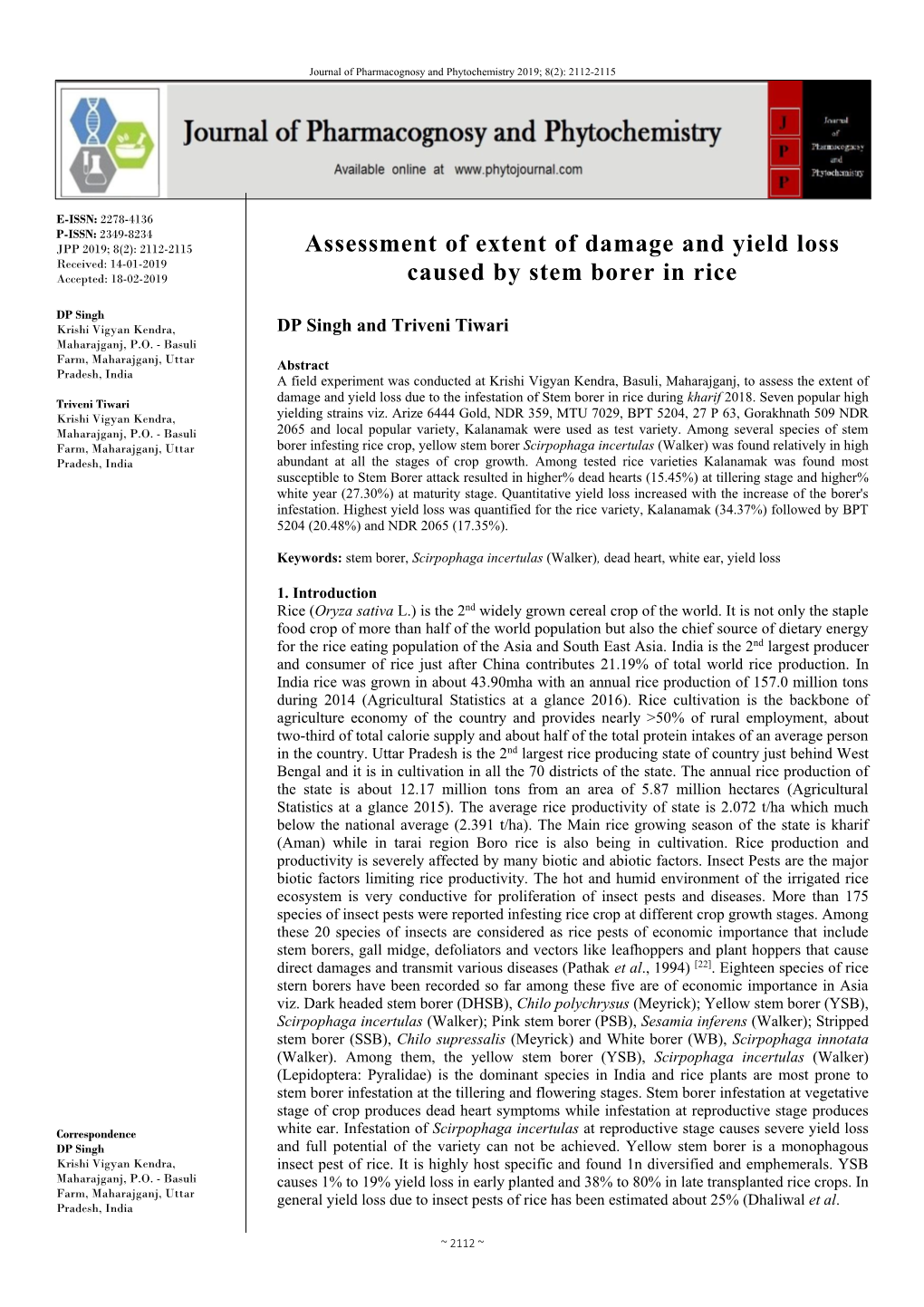 Assessment of Extent of Damage and Yield Loss Caused by Stem Borer in Rice