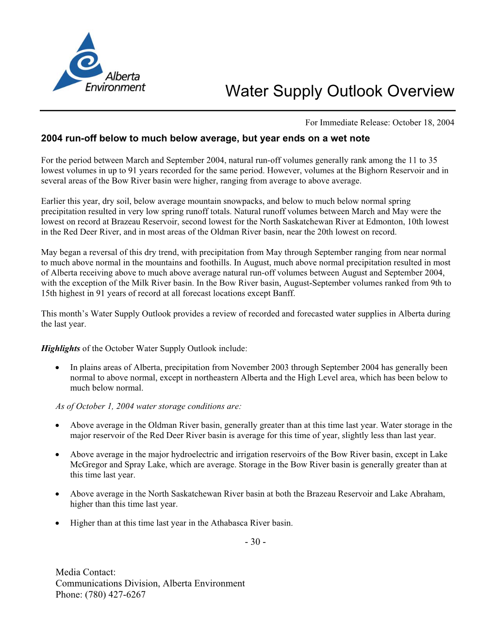 Water Supply Outlook Overview