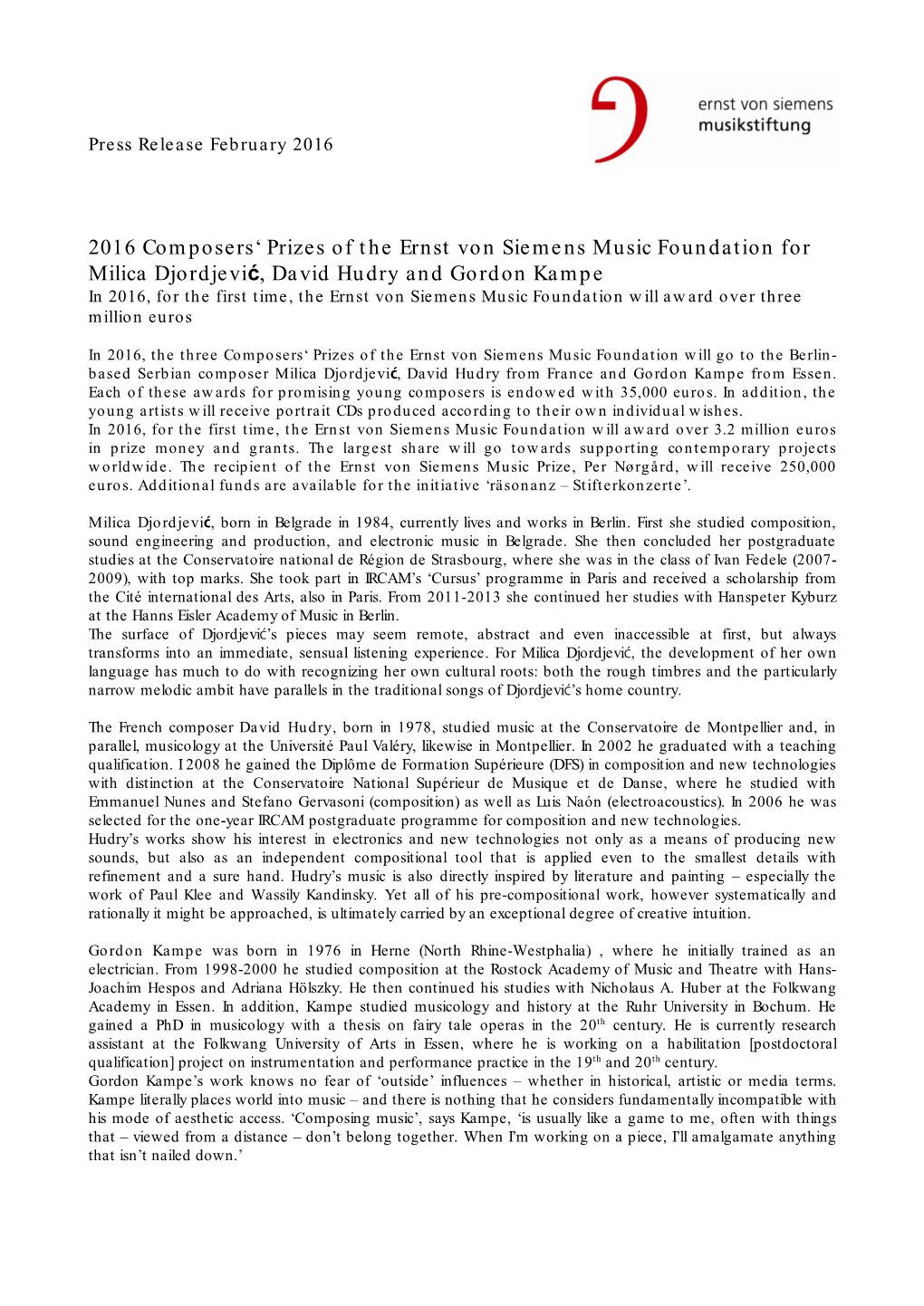 2016 Composers' Prizes of the Ernst Von Siemens Music Foundation For