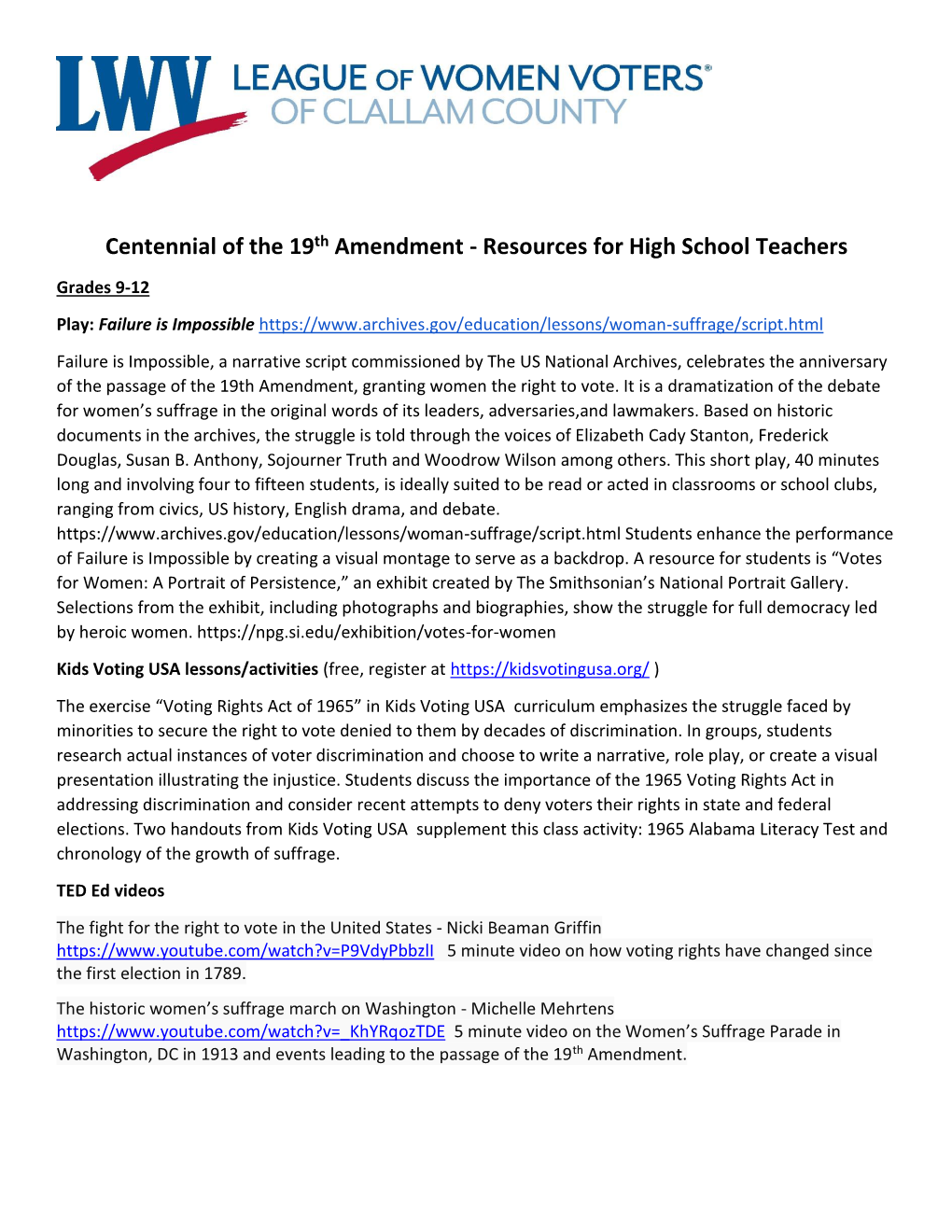 Centennial of the 19Th Amendment - Resources for High School Teachers