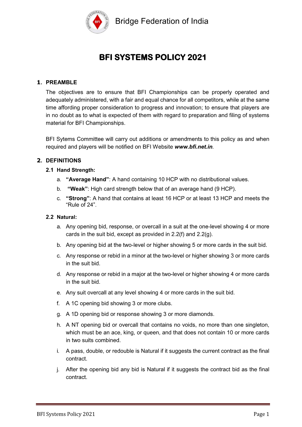 Bridge Federation of India BFI SYSTEMS POLICY 2021