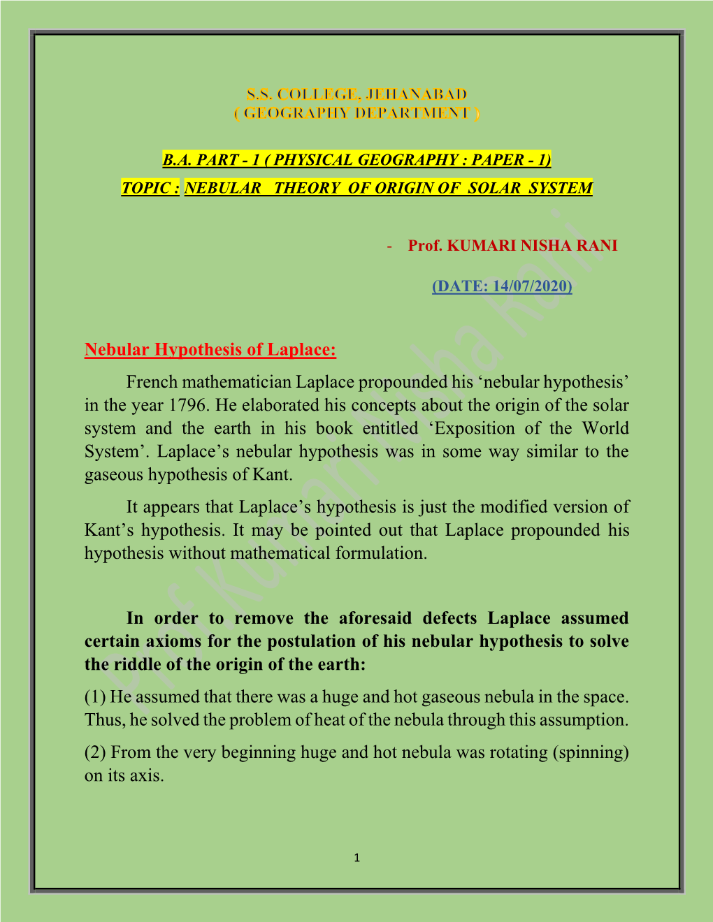 Nebular Hypothesis of Laplace: French Mathematician Laplace Propounded His ‘Nebular Hypothesis’ in the Year 1796