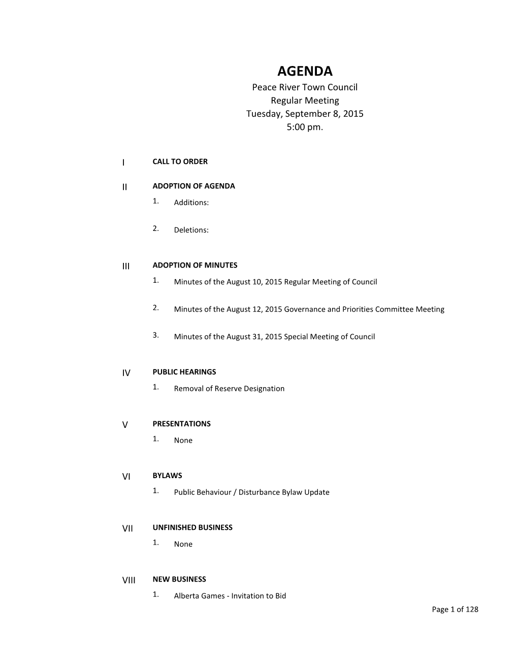 Regular Council Meeting Tuesday, September 8, 2015