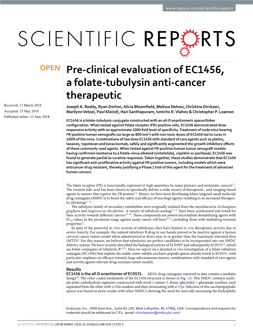 Pre-Clinical Evaluation of EC1456, a Folate-Tubulysin Anti-Cancer Therapeutic Received: 13 March 2018 Joseph A