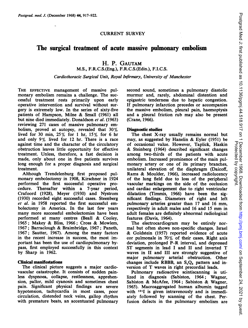 The Surgical Treatment of Acute Massive Pulmonary Embolism