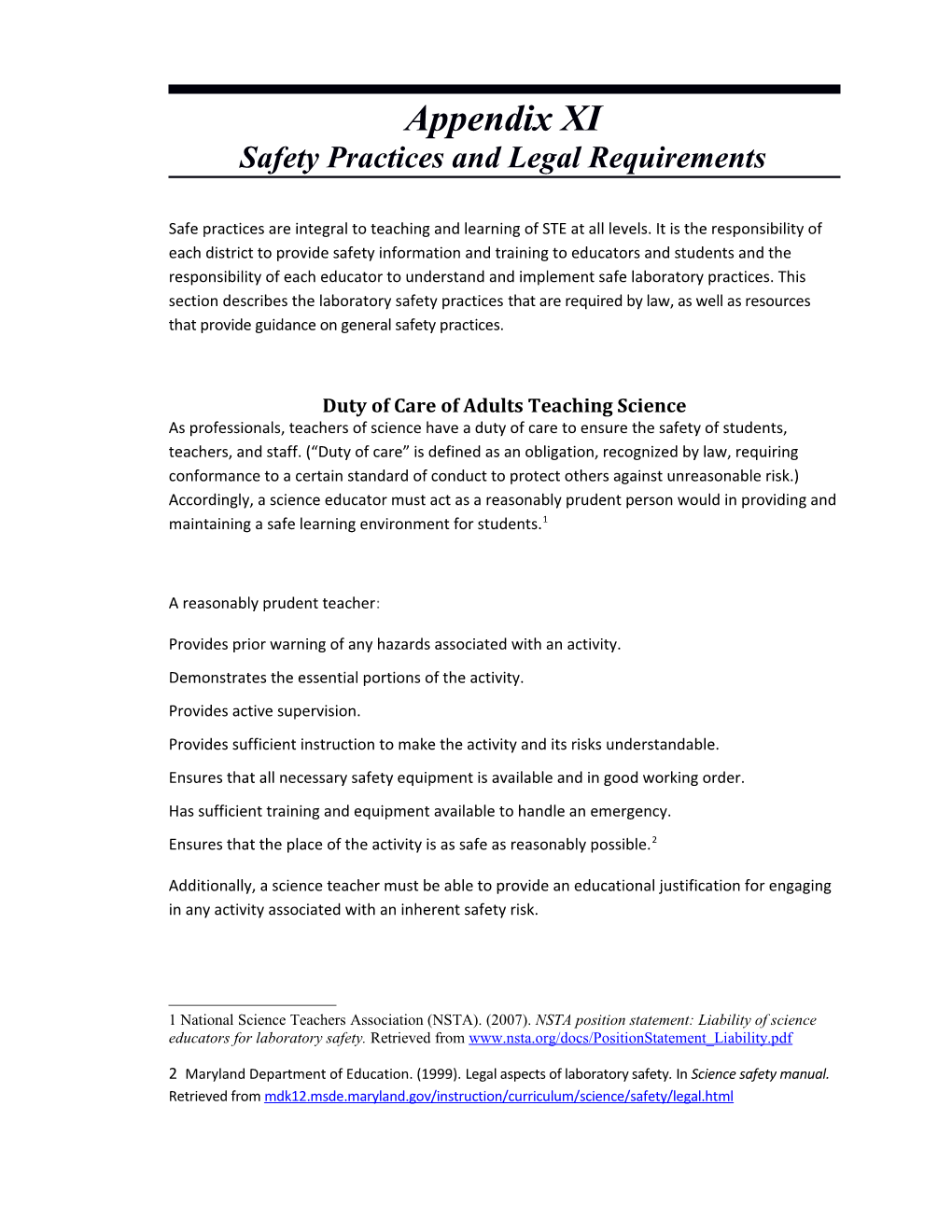 Appendix XI: Safety Practices And Legal Requirements