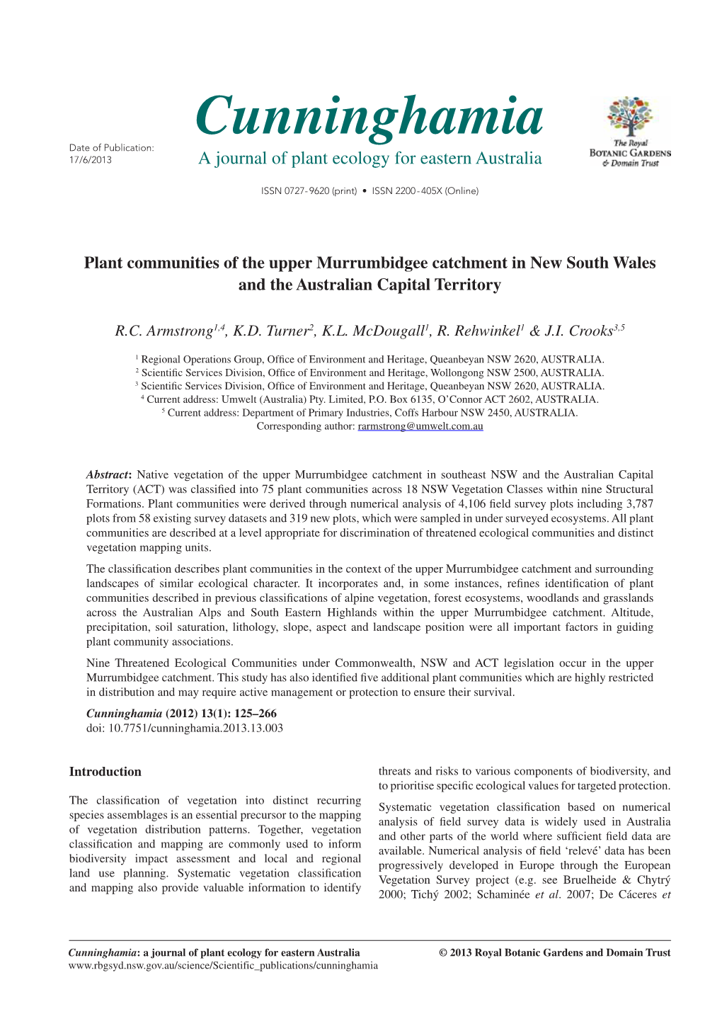 Plant Communities of the Upper Murrumbidgee Catchment in New South Wales and the Australian Capital Territory