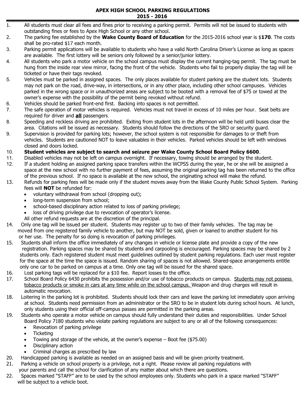 Wcpss High School Parking Regulations